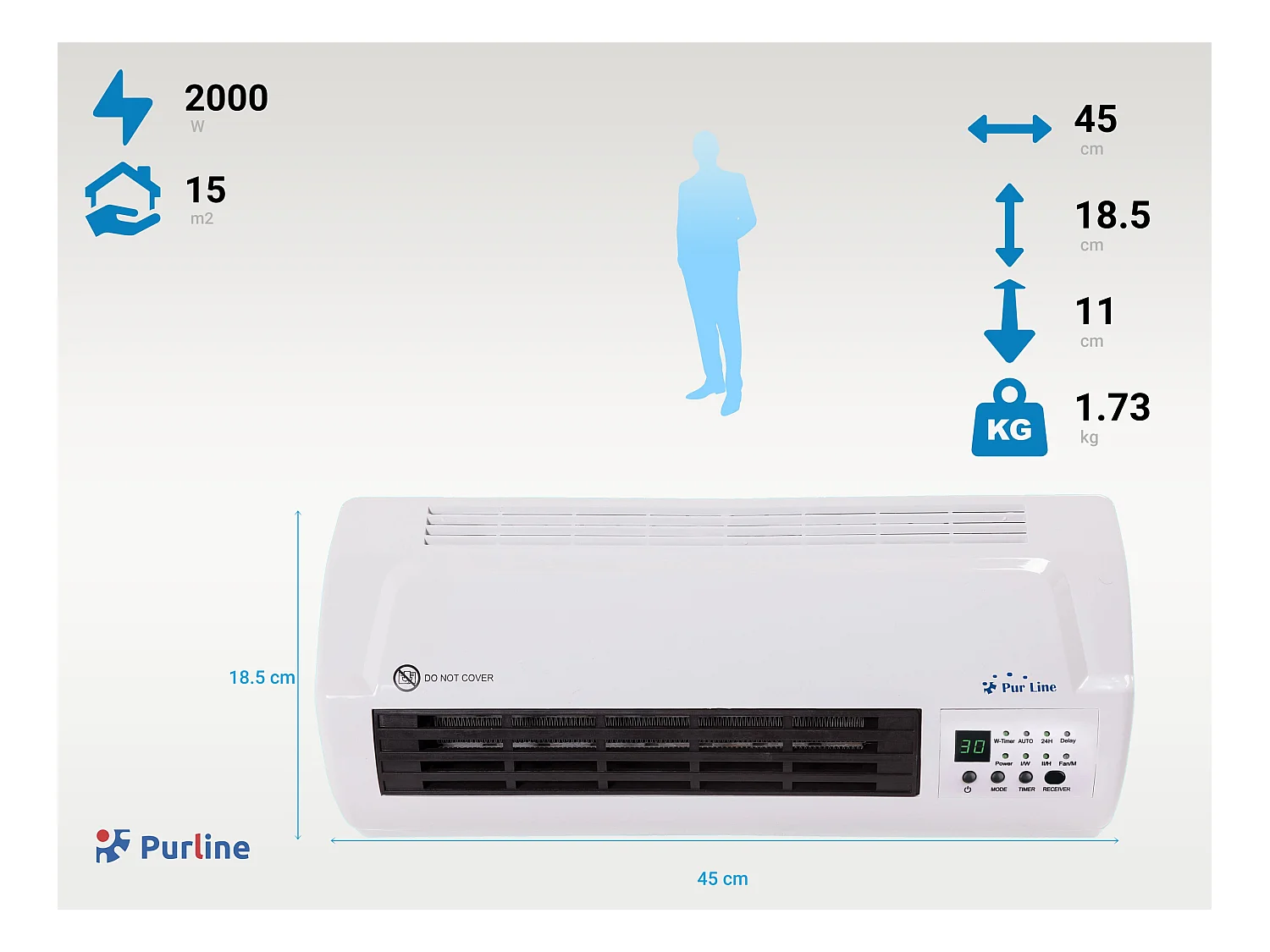 Chauffage split mural 2000 W avec télécommande et minuterie