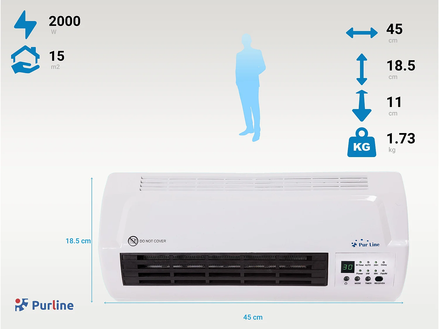 Chauffage split mural 2000 W avec télécommande et minuterie