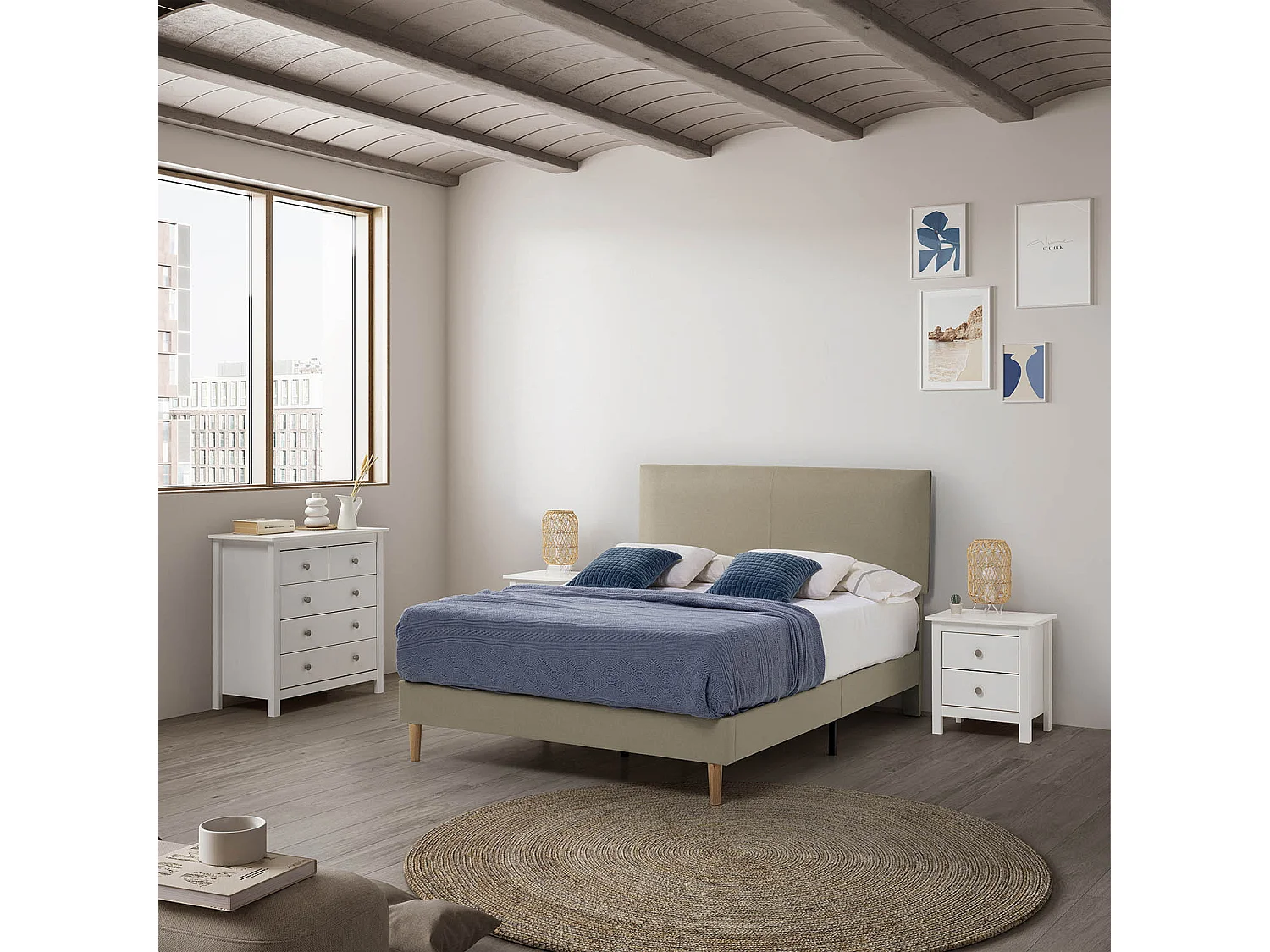 Cadre de lit rembourré Lauren 30 cm, 150 x 190 cm, Beige