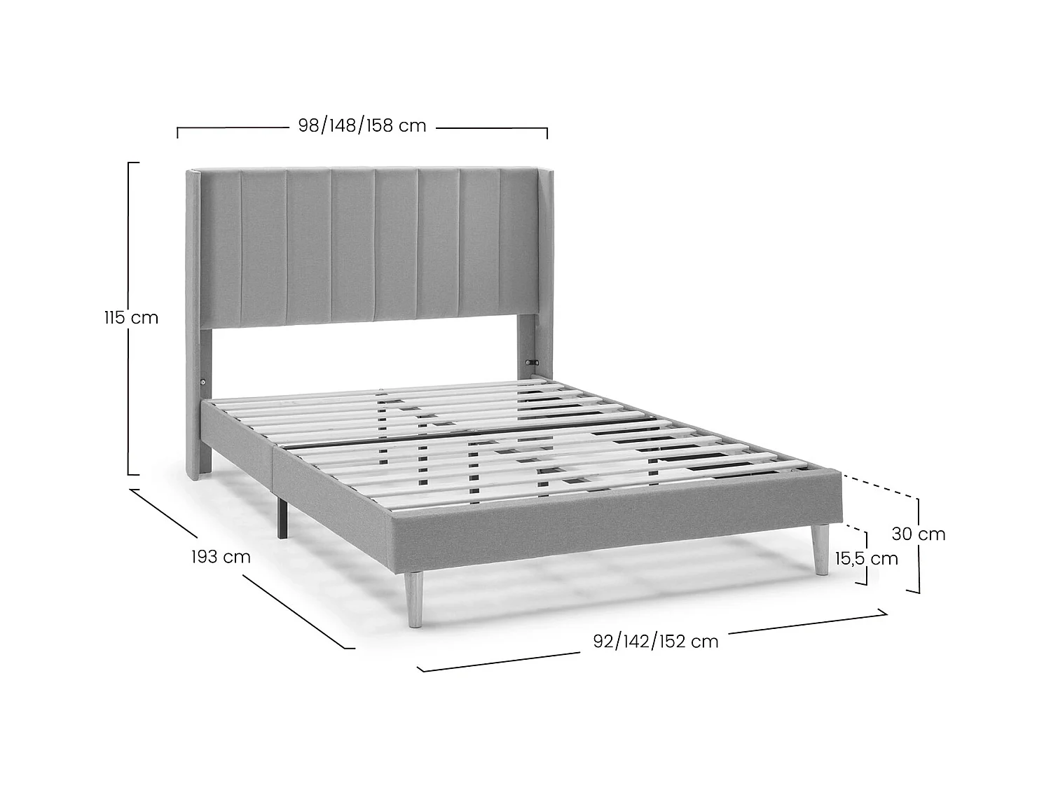 Cama estofada Noelia 30 cm, 90x190 cm, cinza escuro