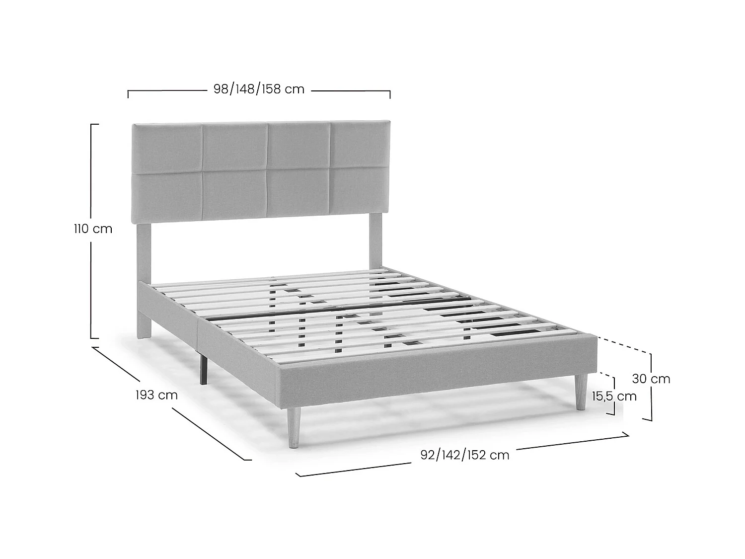 Estructura de cama tapizada Silvi de 30 cm, 140x190 cm, Gris Claro