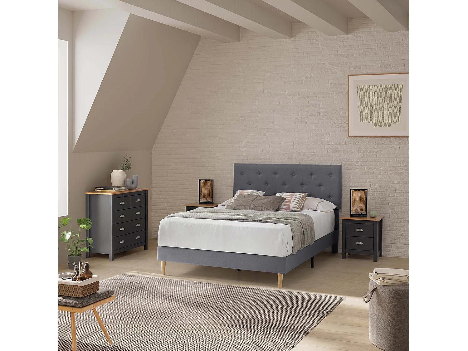 Bedframe Rosi met bekleding van 30 cm, 140x190 cm, Donkergrijs