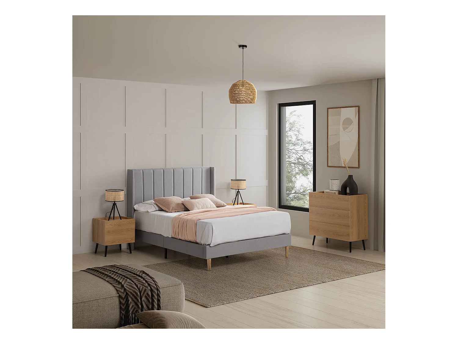 Gestoffeerd bedframe Noelia van 30 cm, 150x190 cm, Lichtgrijs