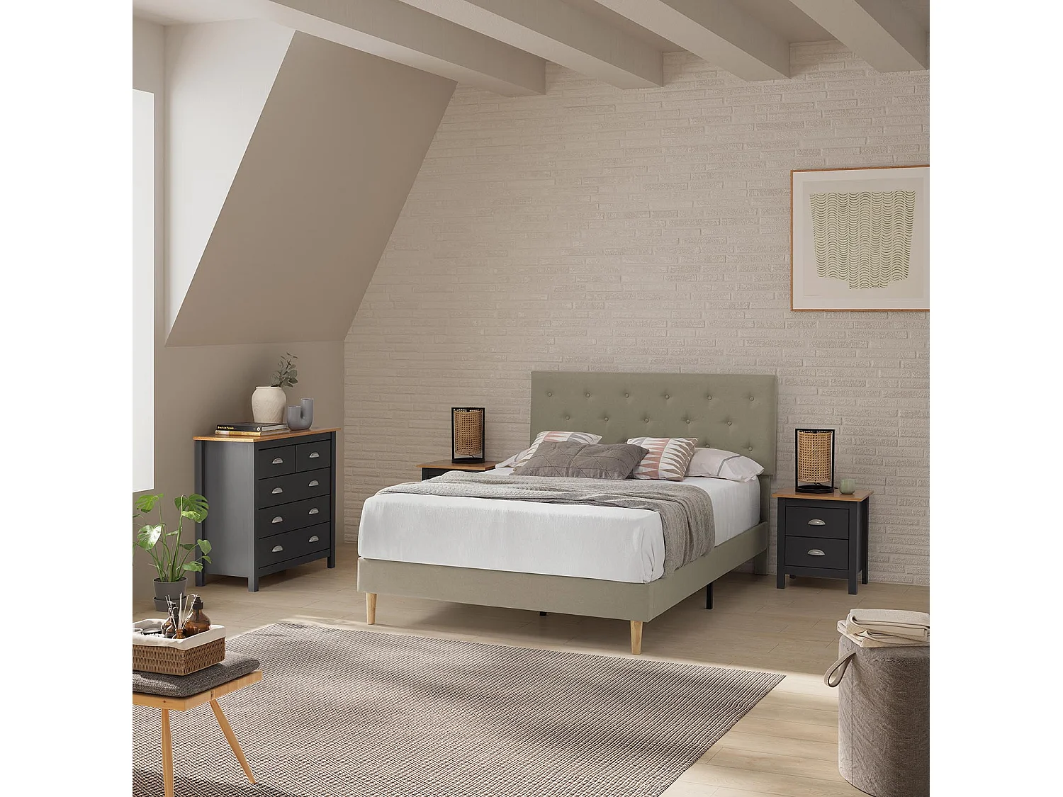 Gestoffeerd bedframe Rosi van 30 cm, 90x190 cm, Beige