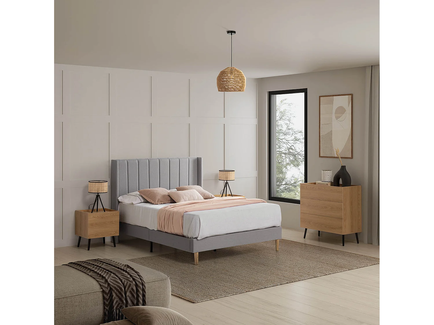 Cama estofada Noelia 30 cm, 140x190 cm, cinza claro