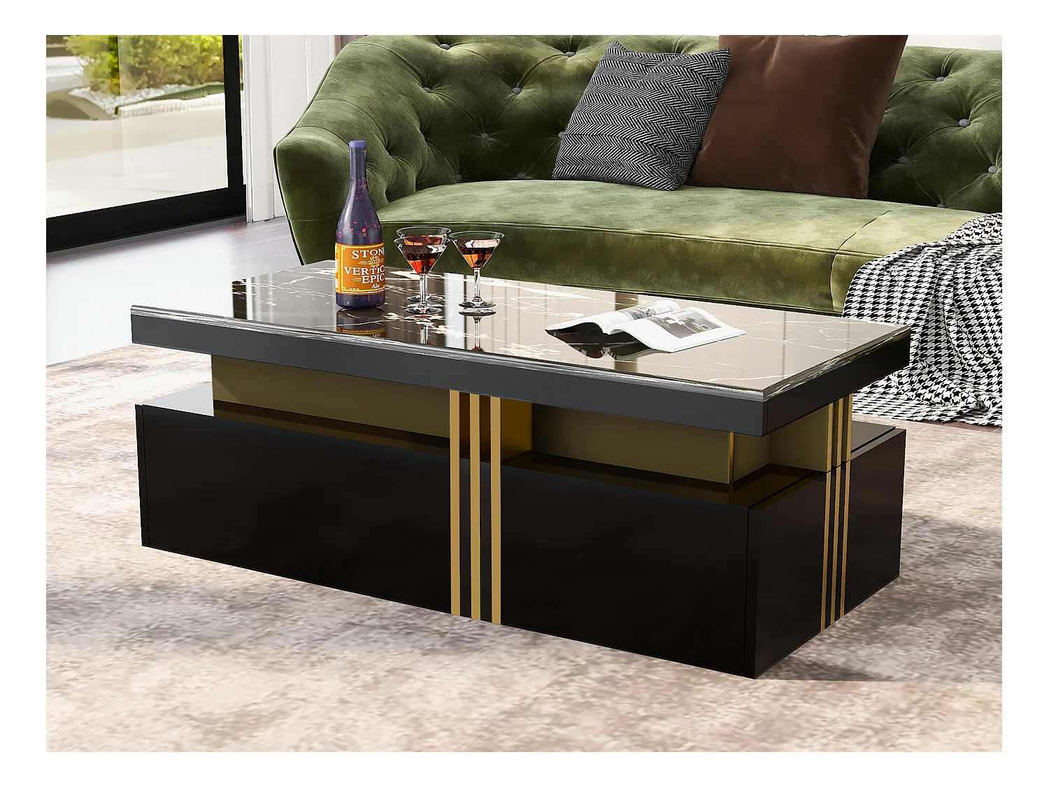 Tavolino da caffè moderno rettangolare con piano in PVC e 2 cassetti in legno, tavolo da soggiorno, 100 x 50 x 40 cm