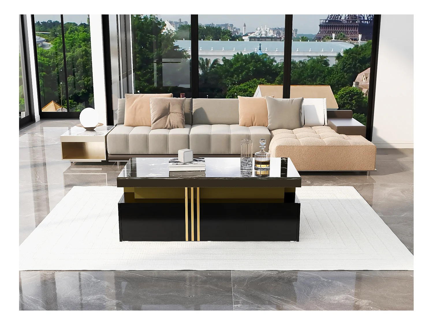 Tavolino da caffè moderno rettangolare con piano in PVC e 2 cassetti in legno, tavolo da soggiorno, 100 x 50 x 40 cm