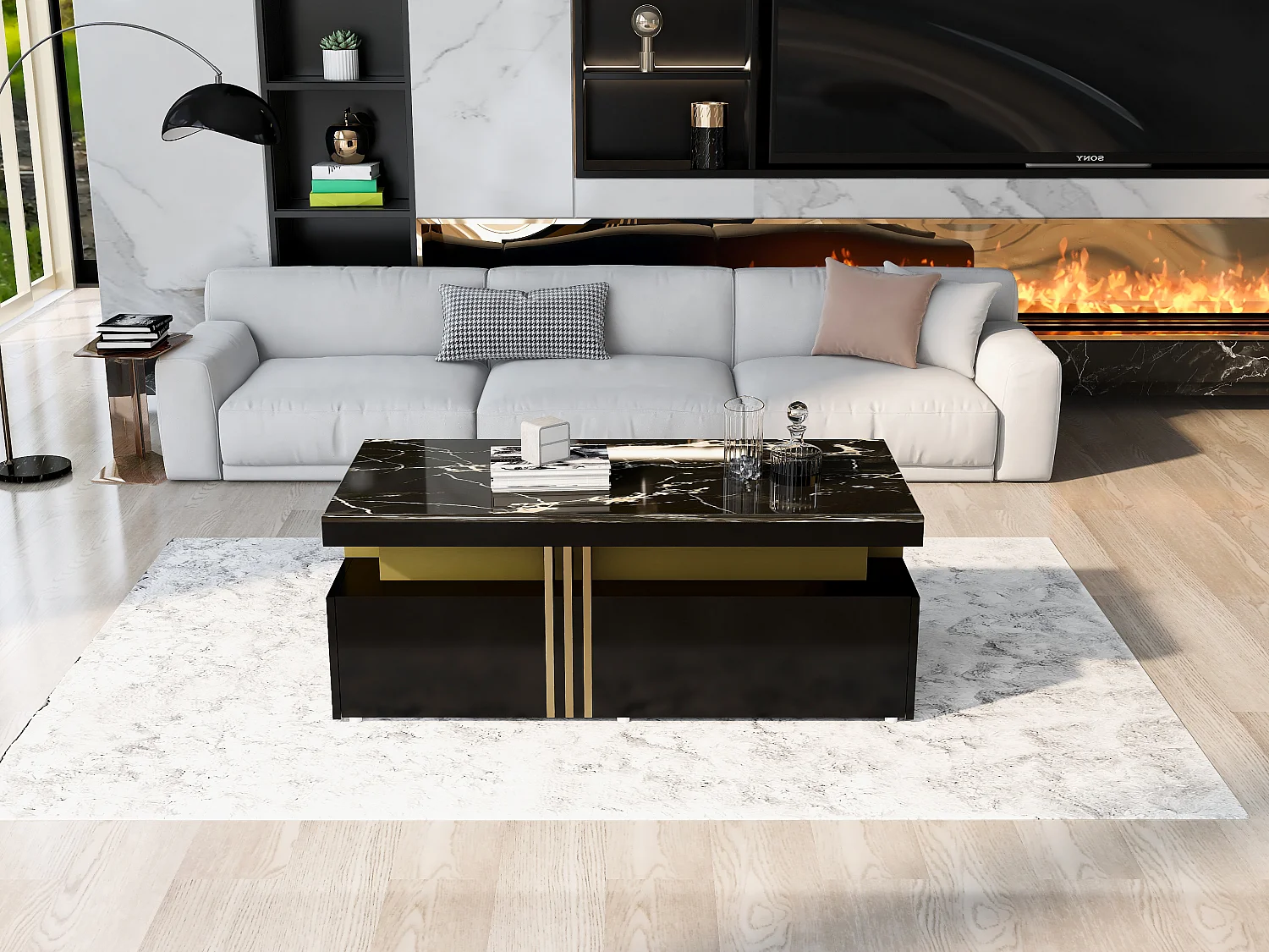 Tavolino da caffè moderno rettangolare con piano in PVC e 2 cassetti in legno, tavolo da soggiorno, 100 x 50 x 40 cm