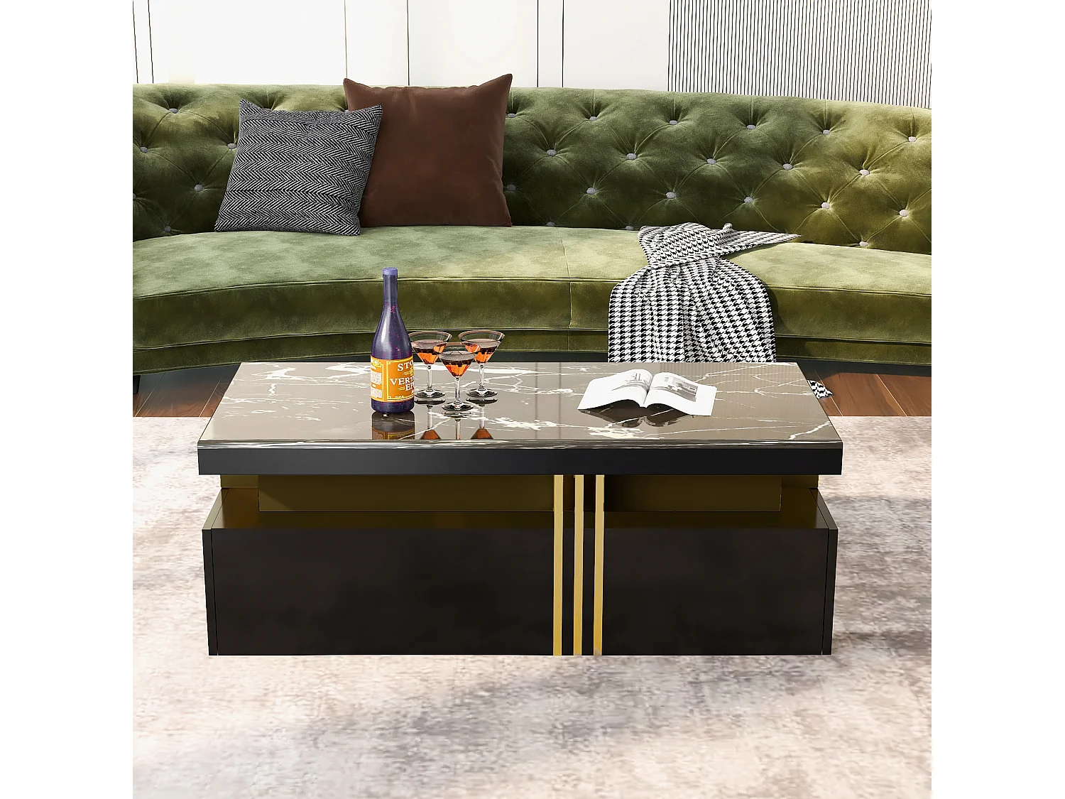 Tavolino da caffè moderno rettangolare con piano in PVC e 2 cassetti in legno, tavolo da soggiorno, 100 x 50 x 40 cm