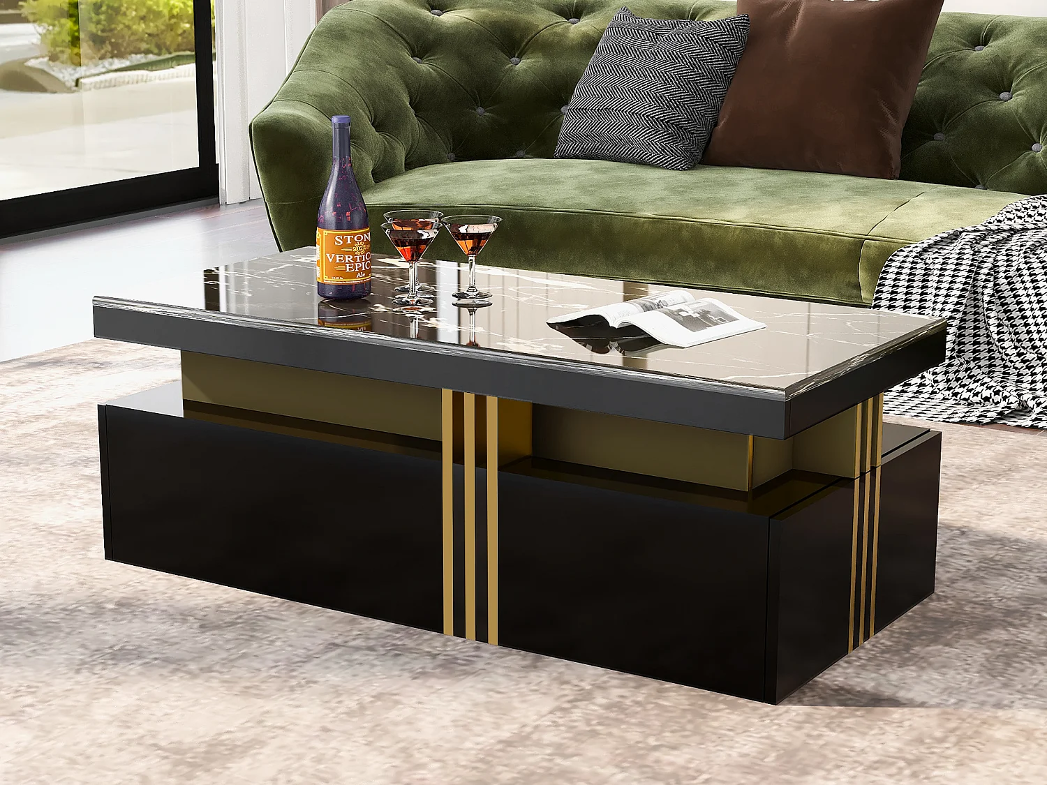 Tavolino da caffè moderno rettangolare con piano in PVC e 2 cassetti in legno, tavolo da soggiorno, 100 x 50 x 40 cm