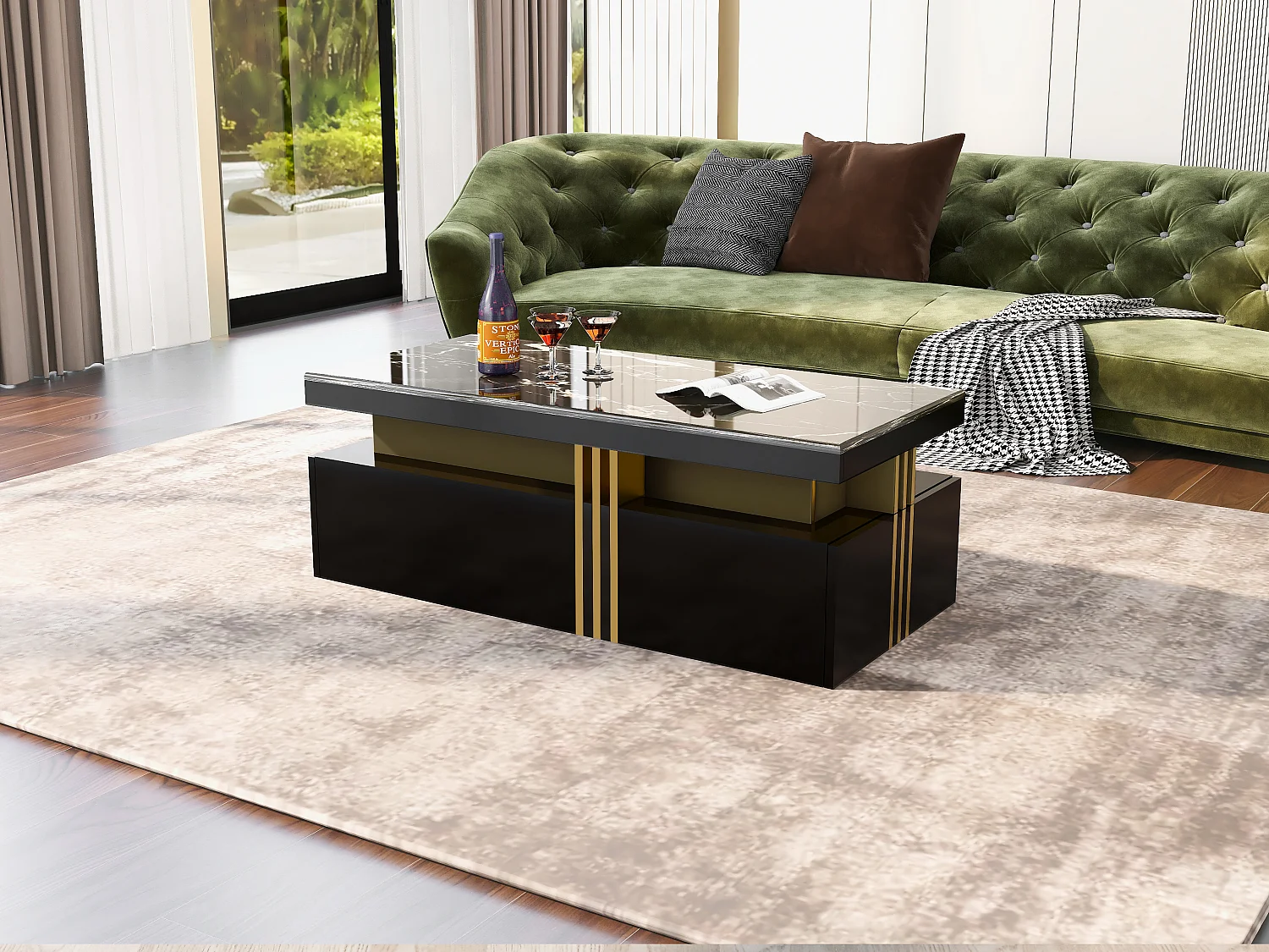 Tavolino da caffè moderno rettangolare con piano in PVC e 2 cassetti in legno, tavolo da soggiorno, 100 x 50 x 40 cm