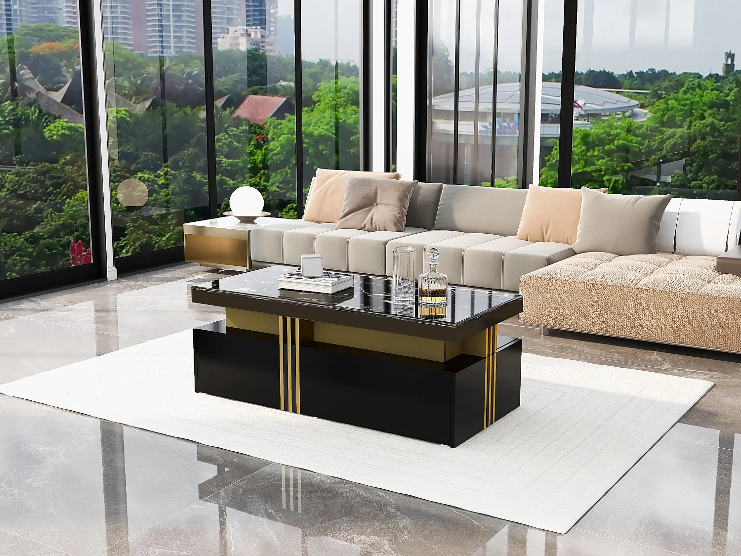 Tavolino da caffè moderno rettangolare con piano in PVC e 2 cassetti in legno, tavolo da soggiorno, 100 x 50 x 40 cm