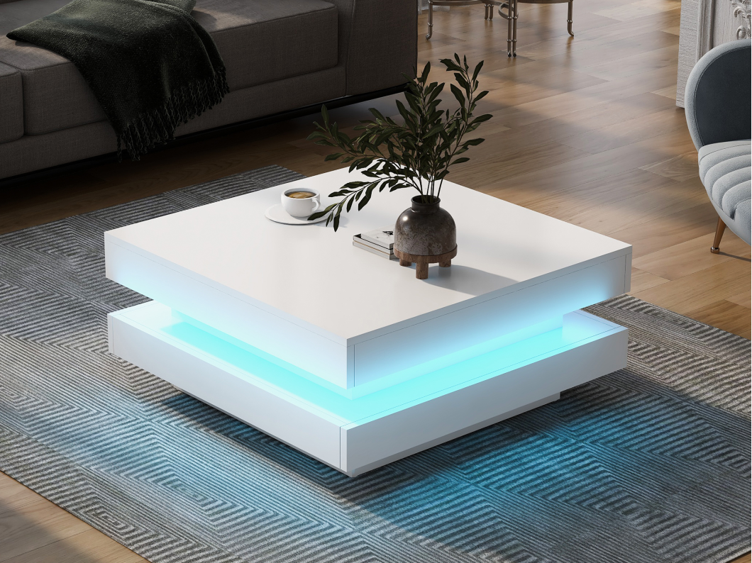 Biały kwadratowy stolik kawowy - z oświetleniem LED 16 kolorów - styl nowoczesny - drewno MDF - 70x70x36 cm