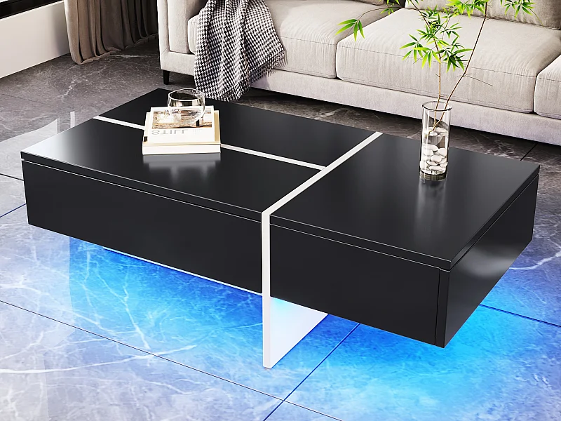 Glänzend schwarzer Couchtisch, Wohnzimmertisch, Platte mit Marmormuster und LED, 100 x 50 x 34,5 cm