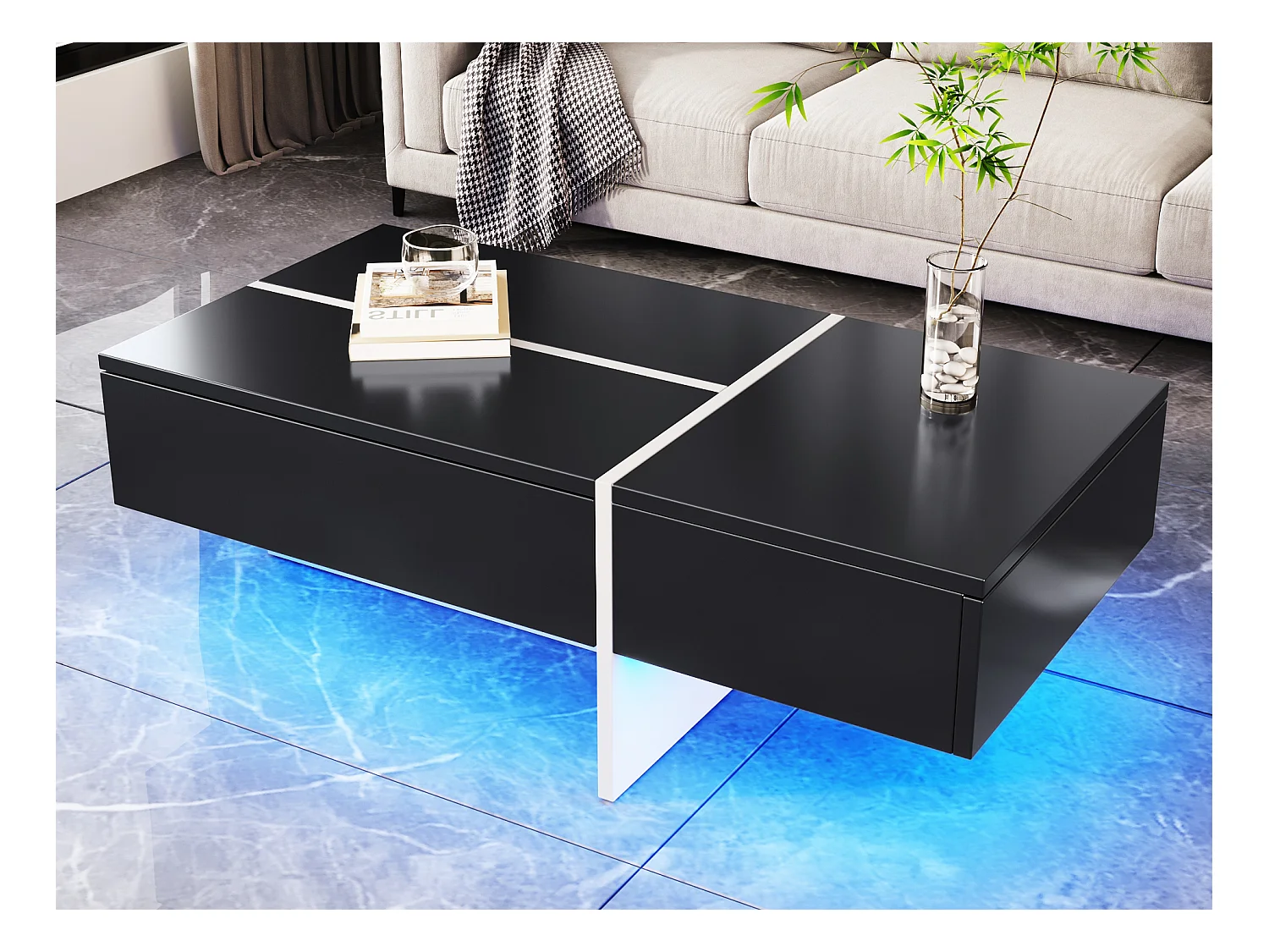 Glänzend schwarzer Couchtisch, Wohnzimmertisch, Platte mit Marmormuster und LED, 100 x 50 x 34,5 cm