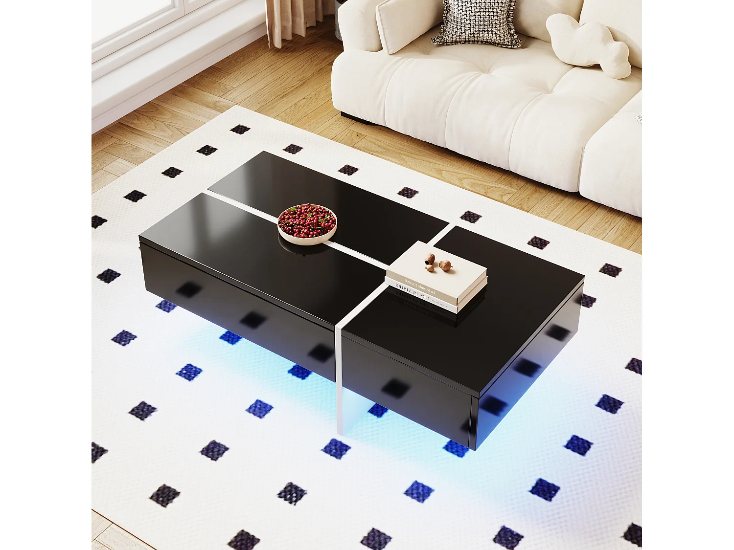 Czarny stolik kawowy z połyskiem, stół do salonu, blat z wzorem marmuru z oświetleniem LED, 100 x 50 x 34,5 cm