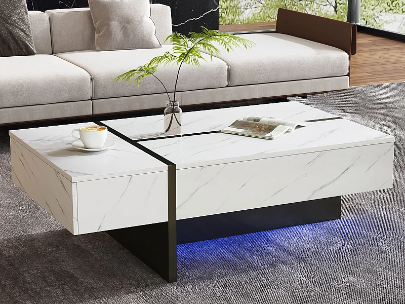 Tavolino moderno bianco con illuminazione a LED, motivo marmo, piano lucido - 105x60x35 cm