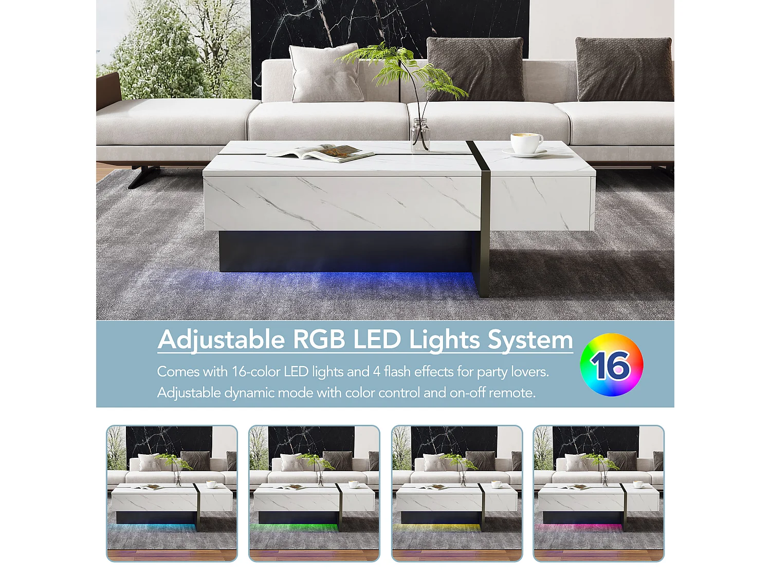 Moderner weißer Couchtisch mit LED-Beleuchtung, Marmormuster, glänzende Platte – 105 x 60 x 35 cm