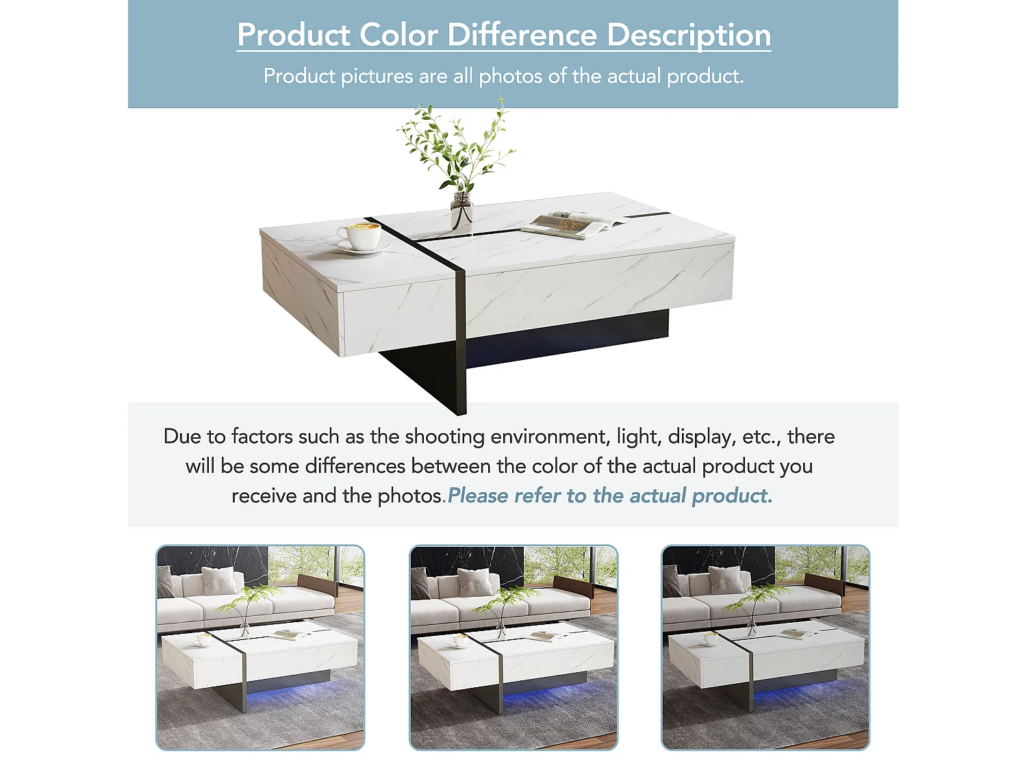 Moderner weißer Couchtisch mit LED-Beleuchtung, Marmormuster, glänzende Platte – 105 x 60 x 35 cm