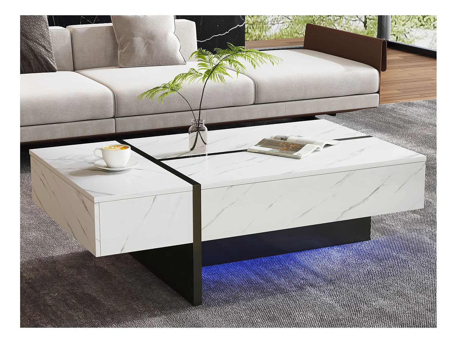 Table basse blanche moderne avec éclairage LED, motif marbre, plateau brillant - 105x60x35cm