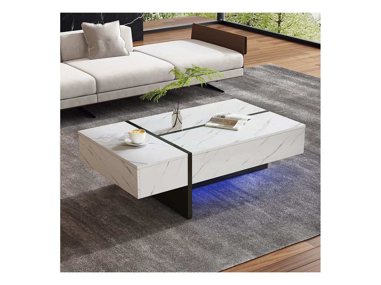 Tavolino moderno bianco con illuminazione a LED, motivo marmo, piano lucido - 105x60x35 cm