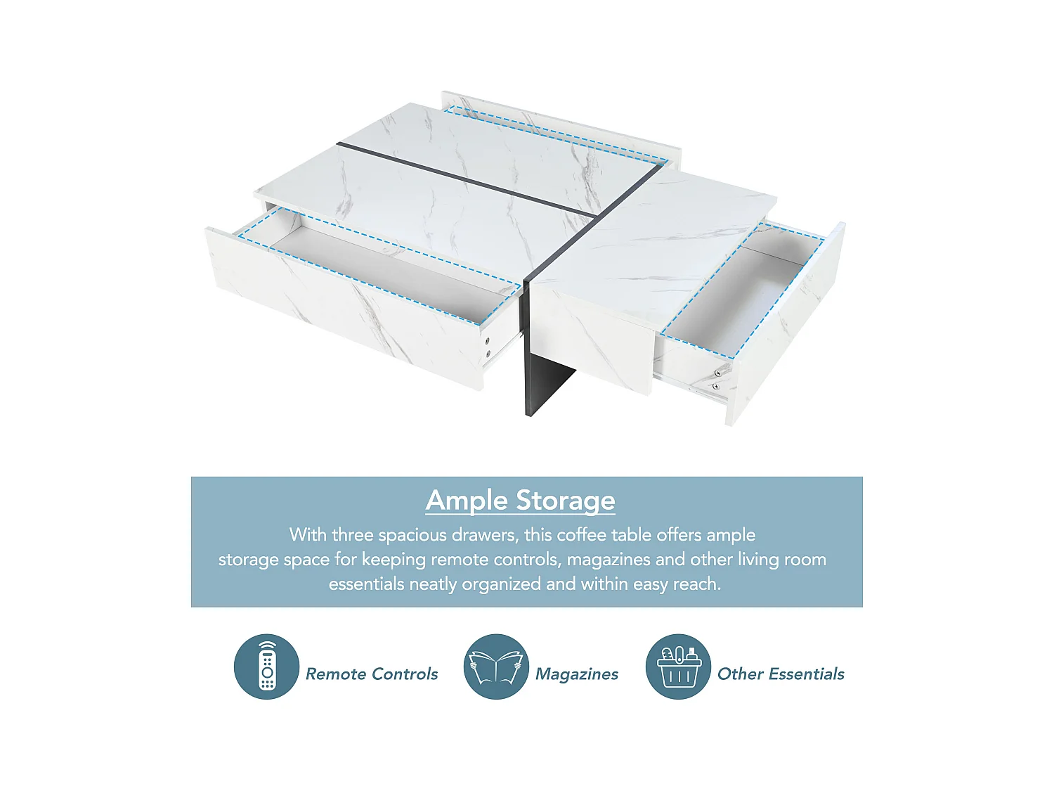 Tavolino moderno bianco con illuminazione a LED, motivo marmo, piano lucido - 105x60x35 cm