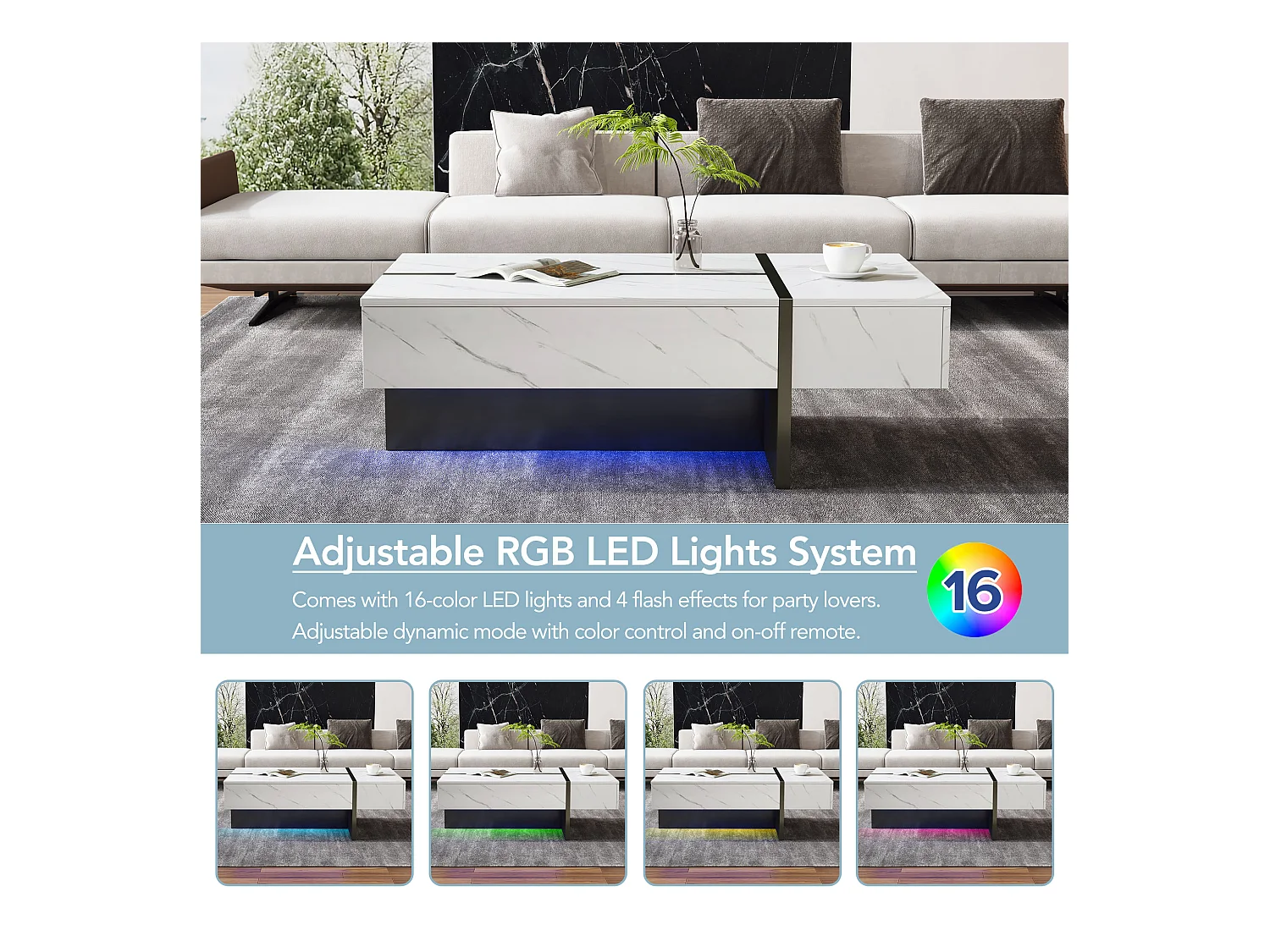 Tavolino moderno bianco con illuminazione a LED, motivo marmo, piano lucido - 105x60x35 cm