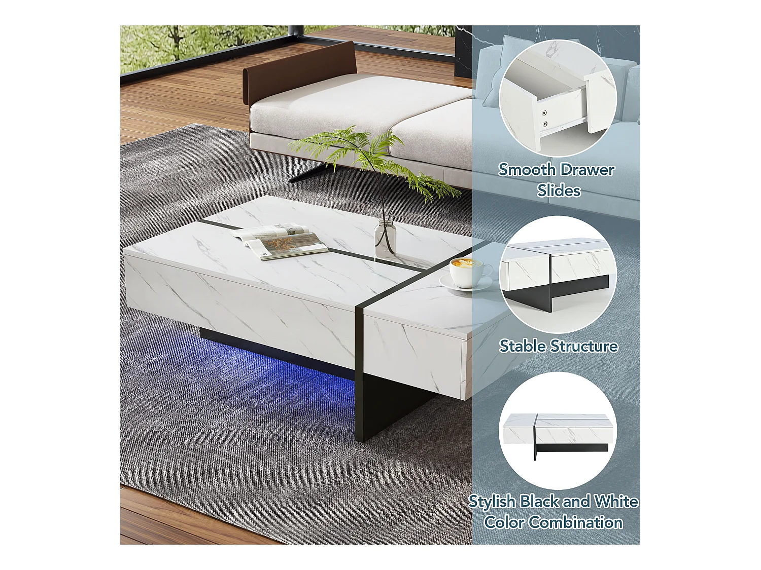 Tavolino moderno bianco con illuminazione a LED, motivo marmo, piano lucido - 105x60x35 cm