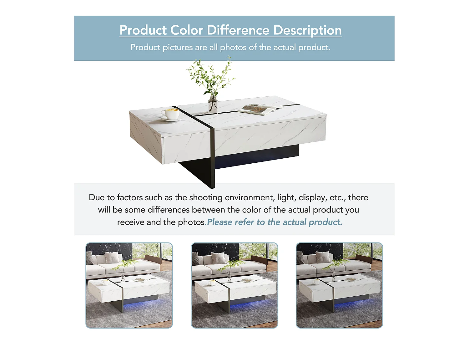 Tavolino moderno bianco con illuminazione a LED, motivo marmo, piano lucido - 105x60x35 cm