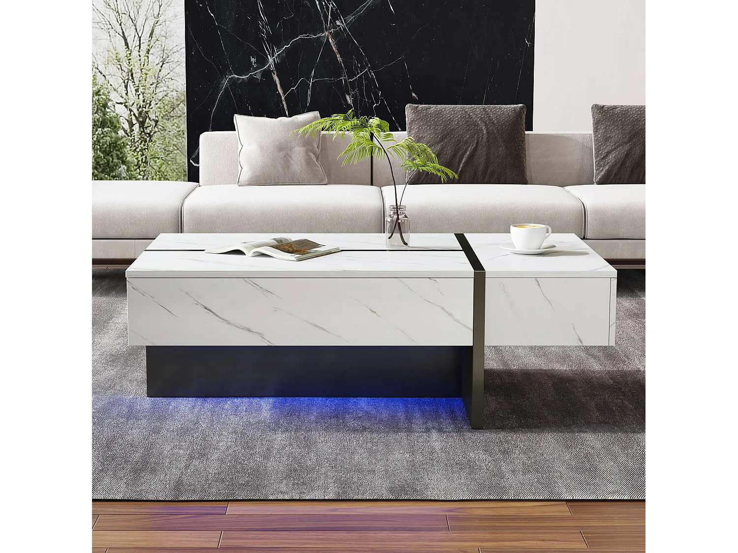 Nowoczesny biały stolik kawowy z oświetleniem LED, wzór marmurowy, blat błyszczący - 105x60x35cm