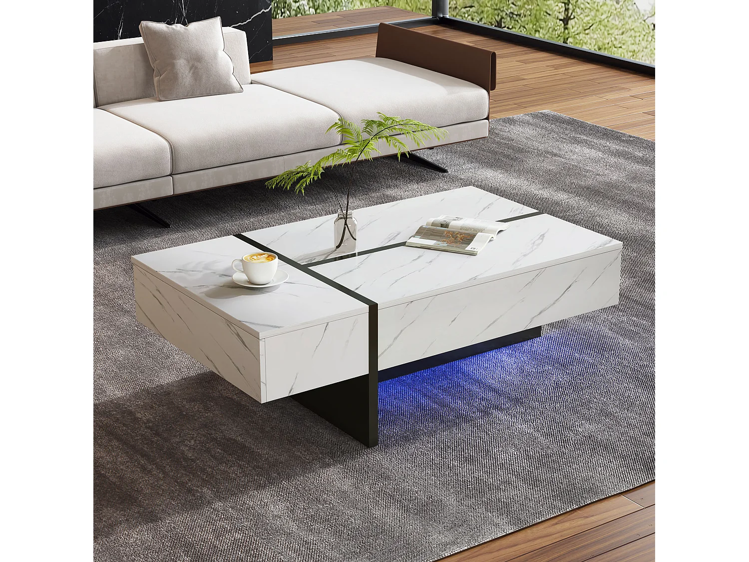 Nowoczesny biały stolik kawowy z oświetleniem LED, wzór marmurowy, blat błyszczący - 105x60x35cm