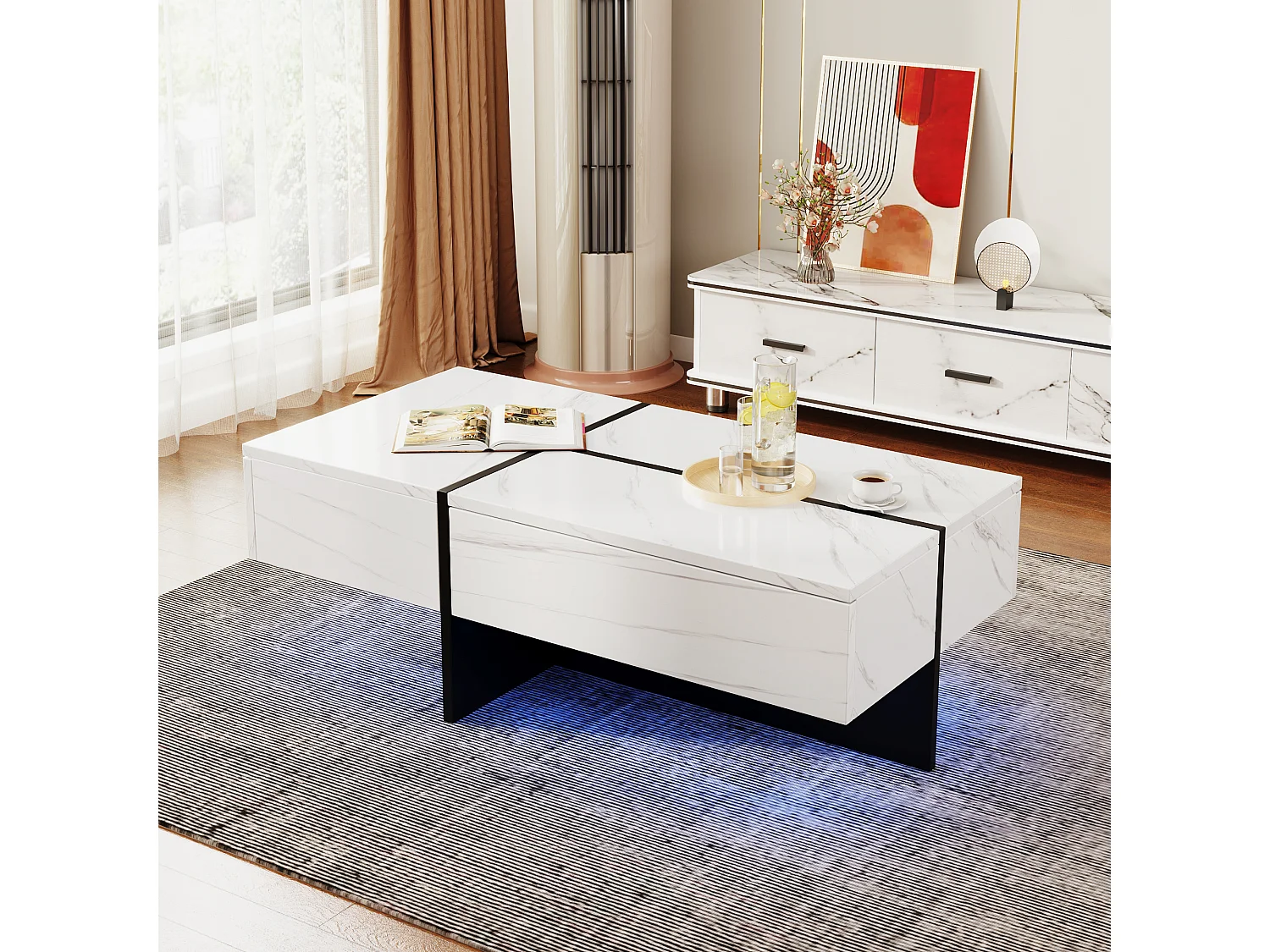 Mesa de centro blanca brillante, mesa de salón, tablero de mármol con LED, 100 x 50 x 34,5 cm