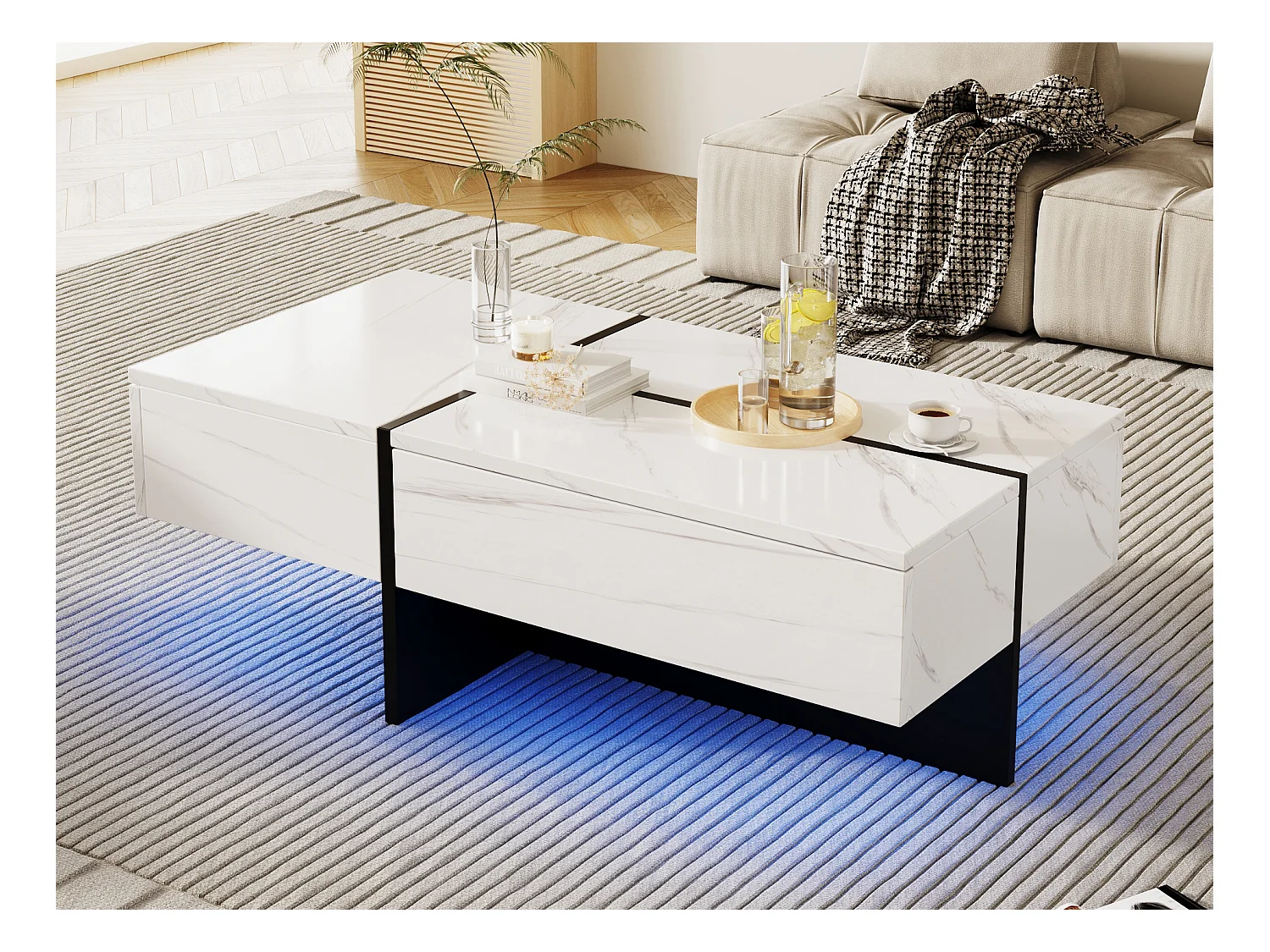 Glänzend weißer Couchtisch, Wohnzimmertisch, Platte mit Marmormuster und LED, 100 x 50 x 34,5 cm