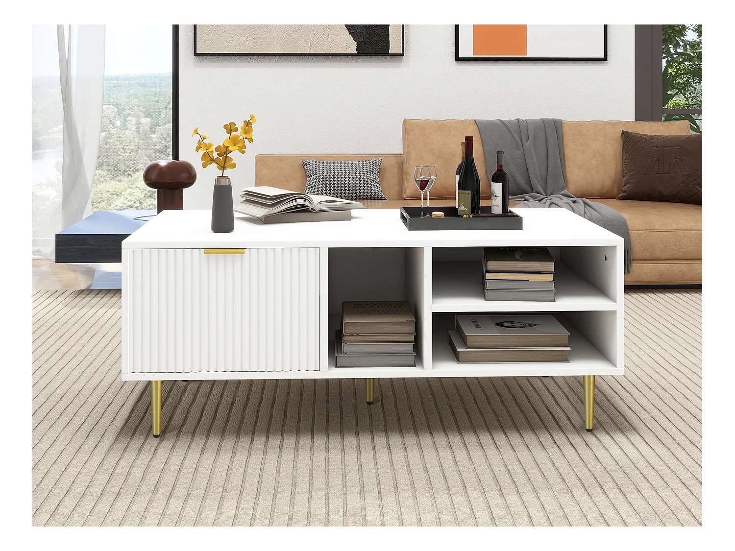 Elegante tavolino da caffè bianco con finiture dorate, un cassetto, 3 scomparti aperti, stile elegante, bianco