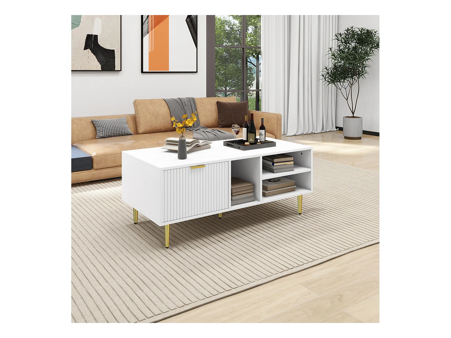 Eleganter weißer Couchtisch mit Goldverzierung, einer Schublade, 3 offenen Ablagefächern, schlanker Stil, Weiß