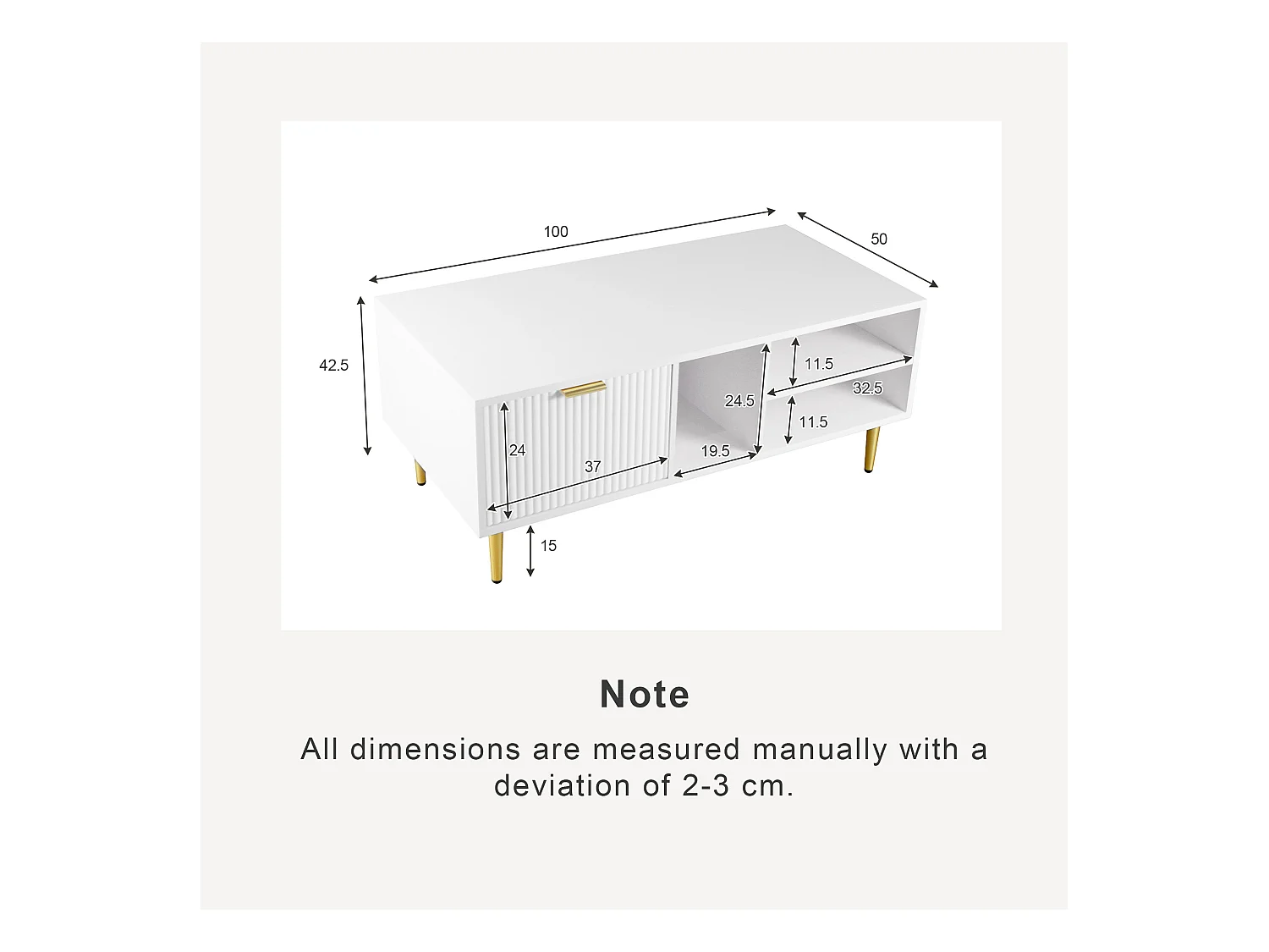 Eleganter weißer Couchtisch mit Goldverzierung, einer Schublade, 3 offenen Ablagefächern, schlanker Stil, Weiß
