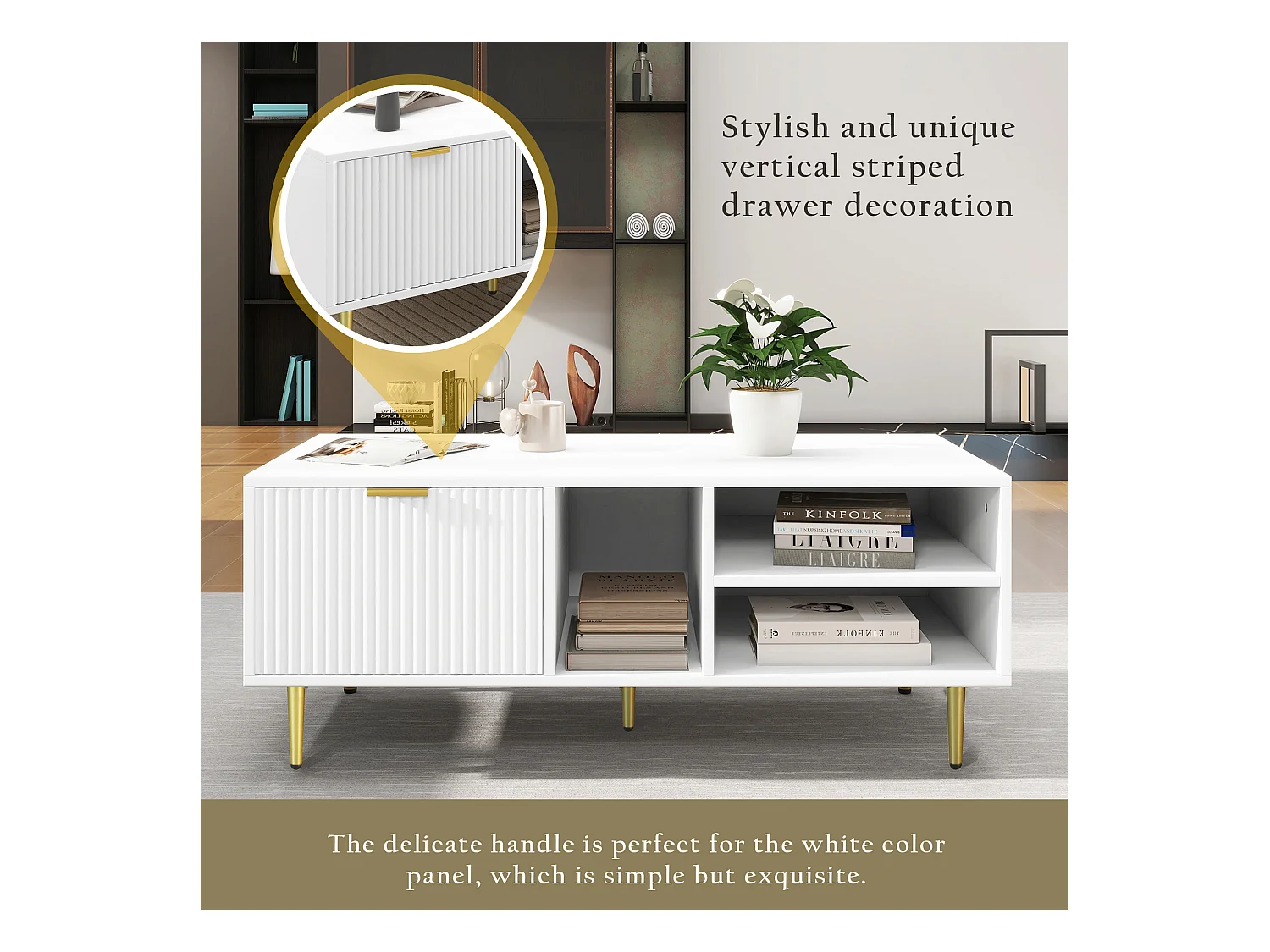 Eleganter weißer Couchtisch mit Goldverzierung, einer Schublade, 3 offenen Ablagefächern, schlanker Stil, Weiß