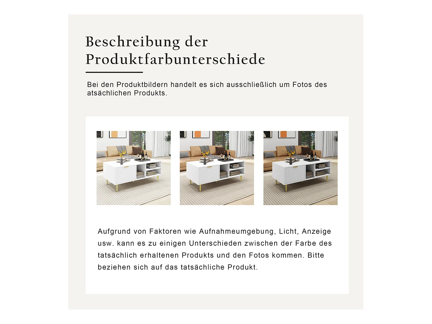 Eleganter weißer Couchtisch mit Goldverzierung, einer Schublade, 3 offenen Ablagefächern, schlanker Stil, Weiß