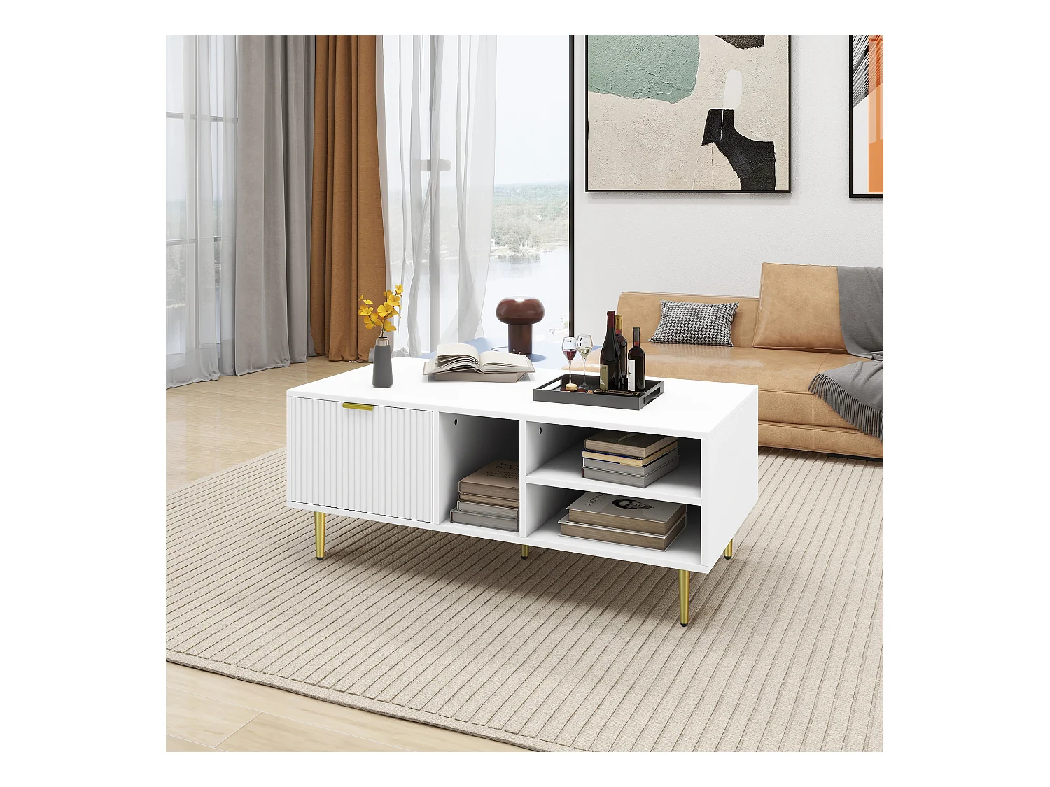 Eleganter weißer Couchtisch mit Goldverzierung, einer Schublade, 3 offenen Ablagefächern, schlanker Stil, Weiß