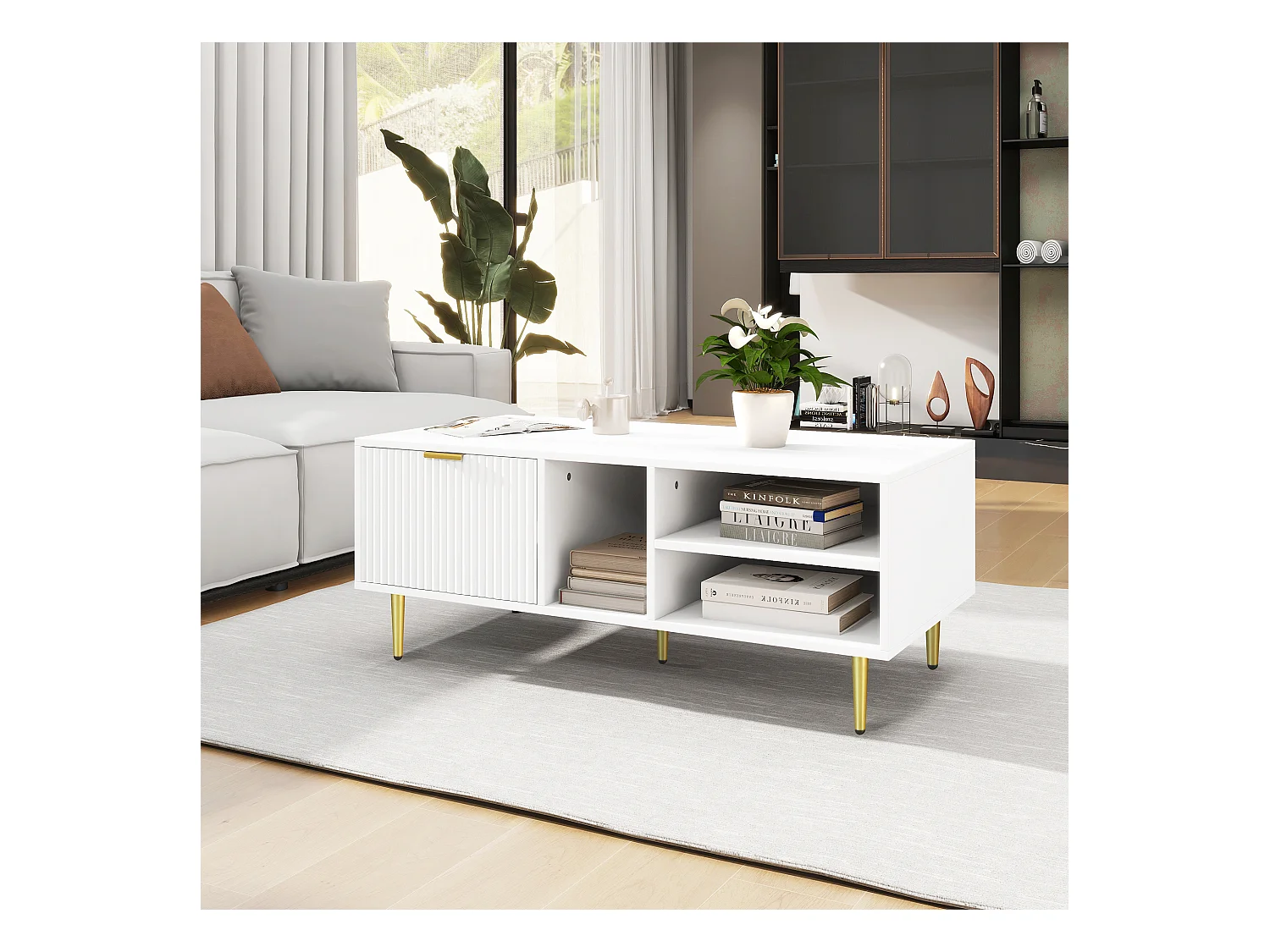 Eleganter weißer Couchtisch mit Goldverzierung, einer Schublade, 3 offenen Ablagefächern, schlanker Stil, Weiß