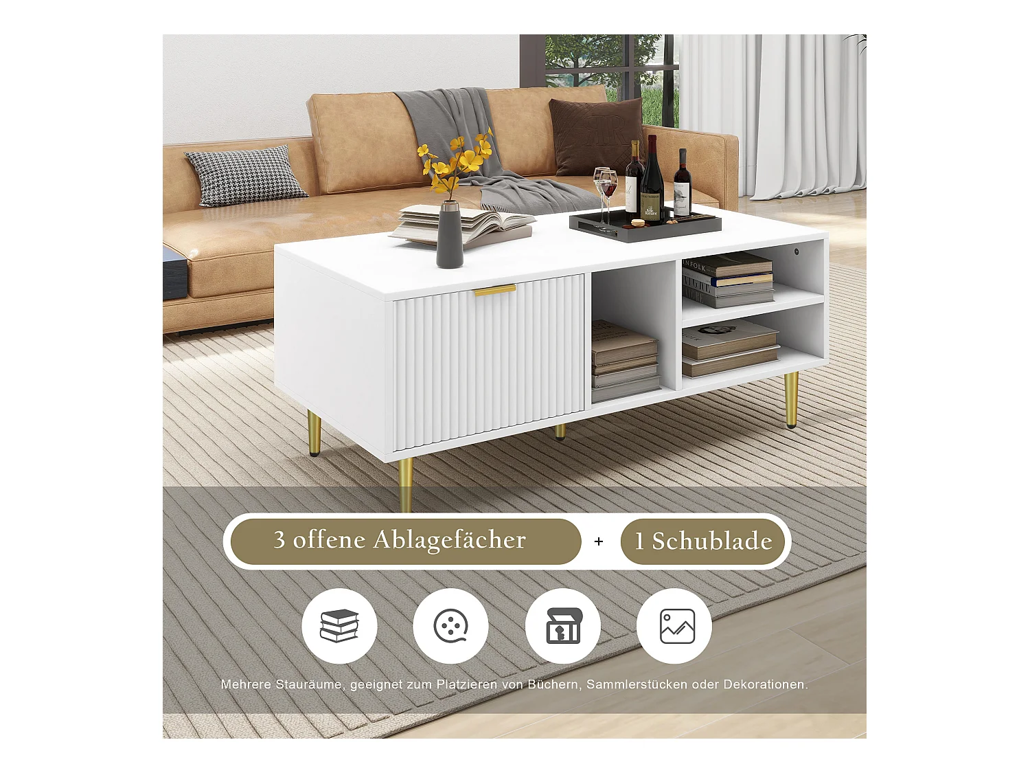 Eleganter weißer Couchtisch mit Goldverzierung, einer Schublade, 3 offenen Ablagefächern, schlanker Stil, Weiß