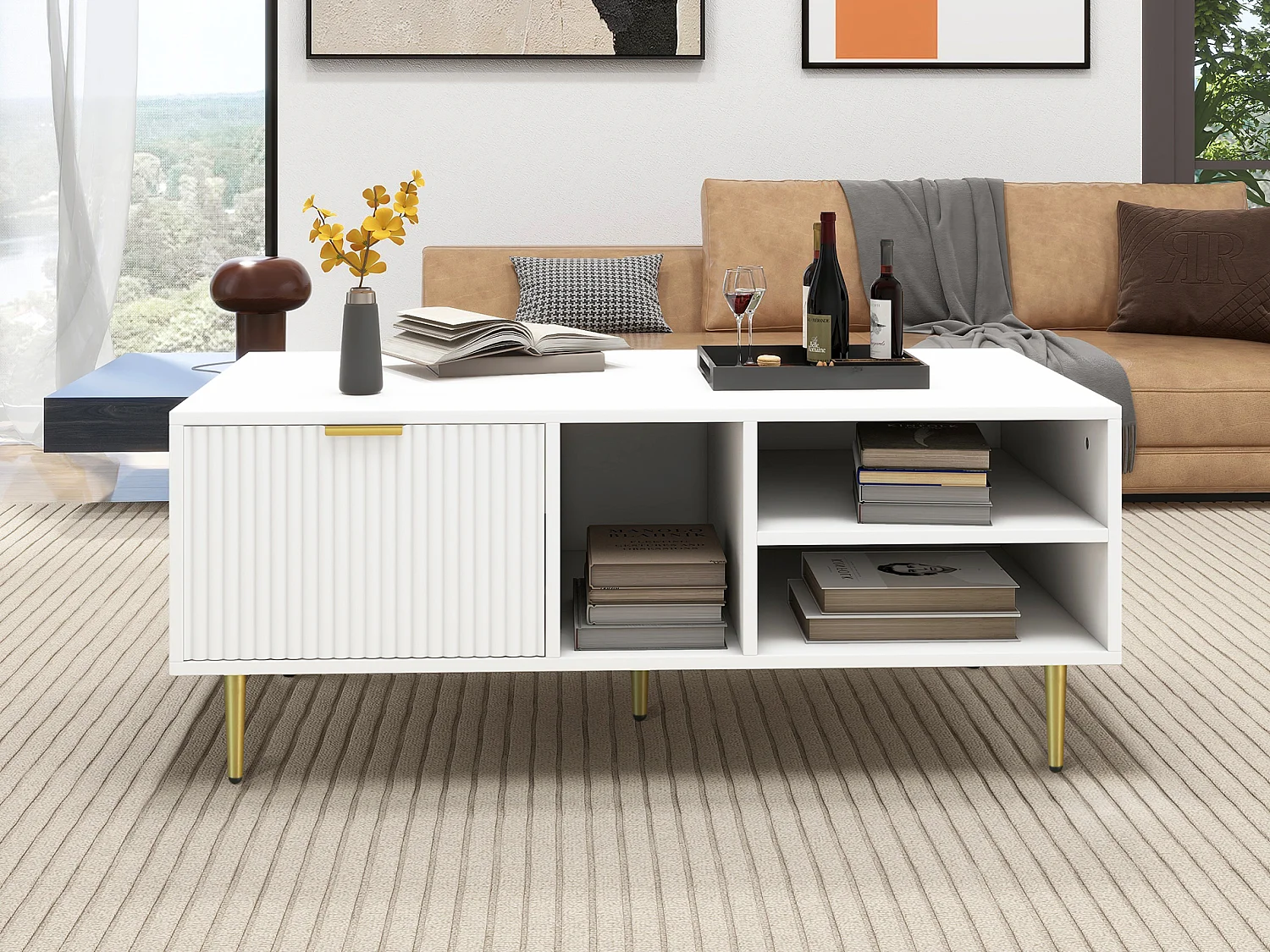 Elegante tavolino da caffè bianco con finiture dorate, un cassetto, 3 scomparti aperti, stile elegante, bianco