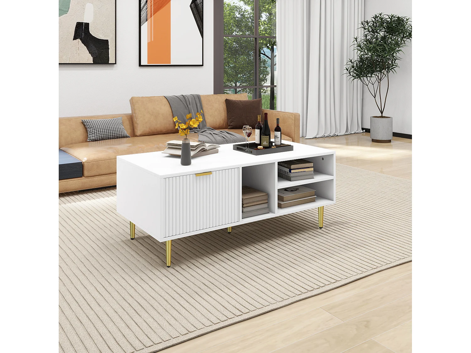 Elegante tavolino da caffè bianco con finiture dorate, un cassetto, 3 scomparti aperti, stile elegante, bianco