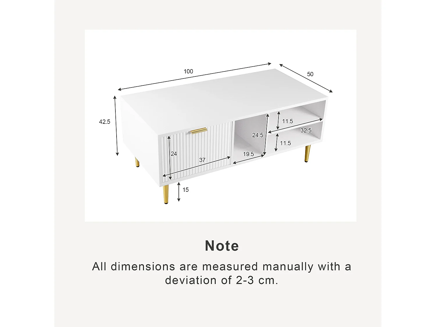 Elegante tavolino da caffè bianco con finiture dorate, un cassetto, 3 scomparti aperti, stile elegante, bianco