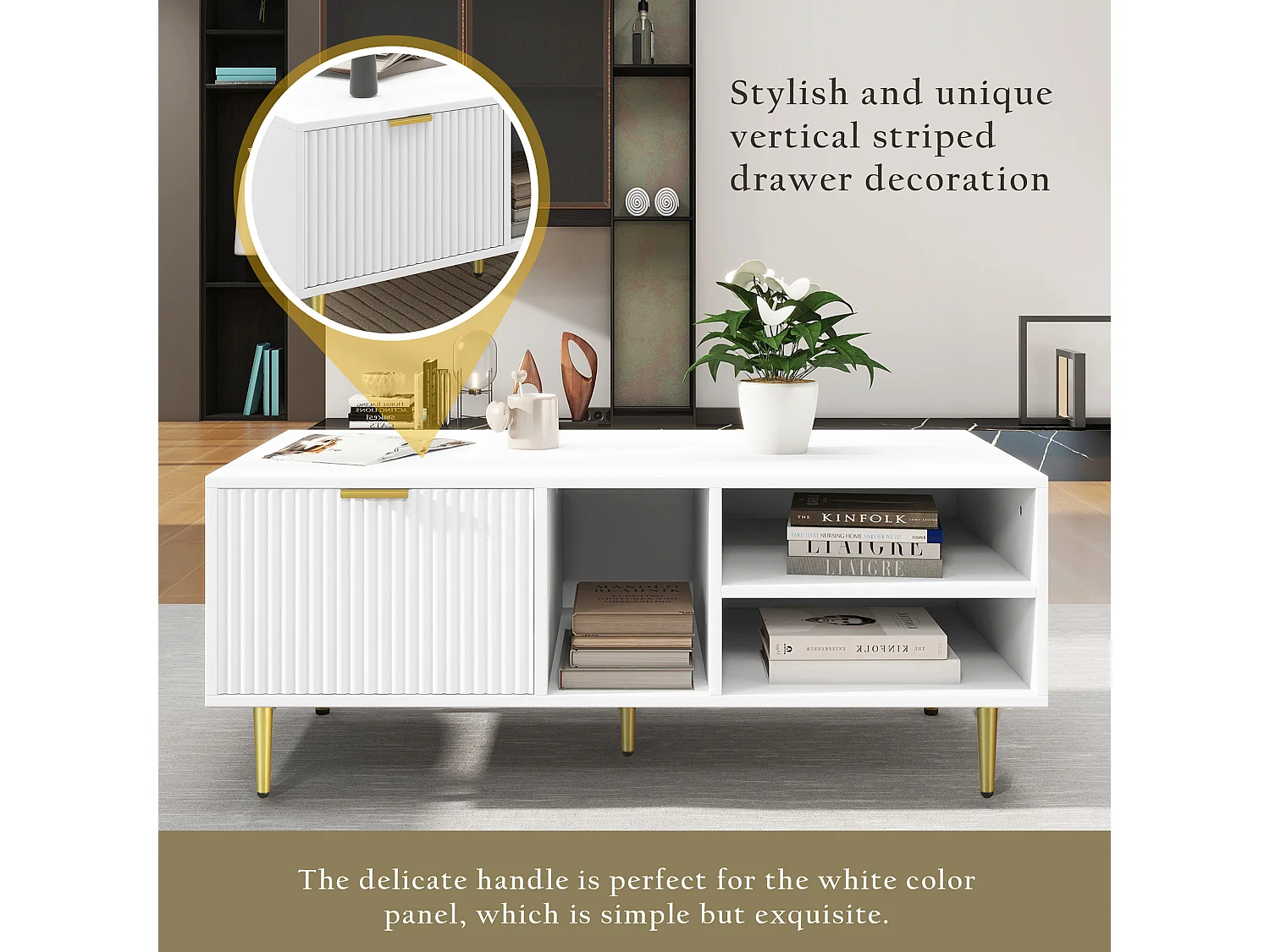 Elegante tavolino da caffè bianco con finiture dorate, un cassetto, 3 scomparti aperti, stile elegante, bianco