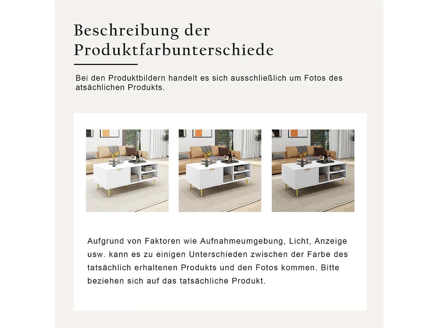 Elegante tavolino da caffè bianco con finiture dorate, un cassetto, 3 scomparti aperti, stile elegante, bianco