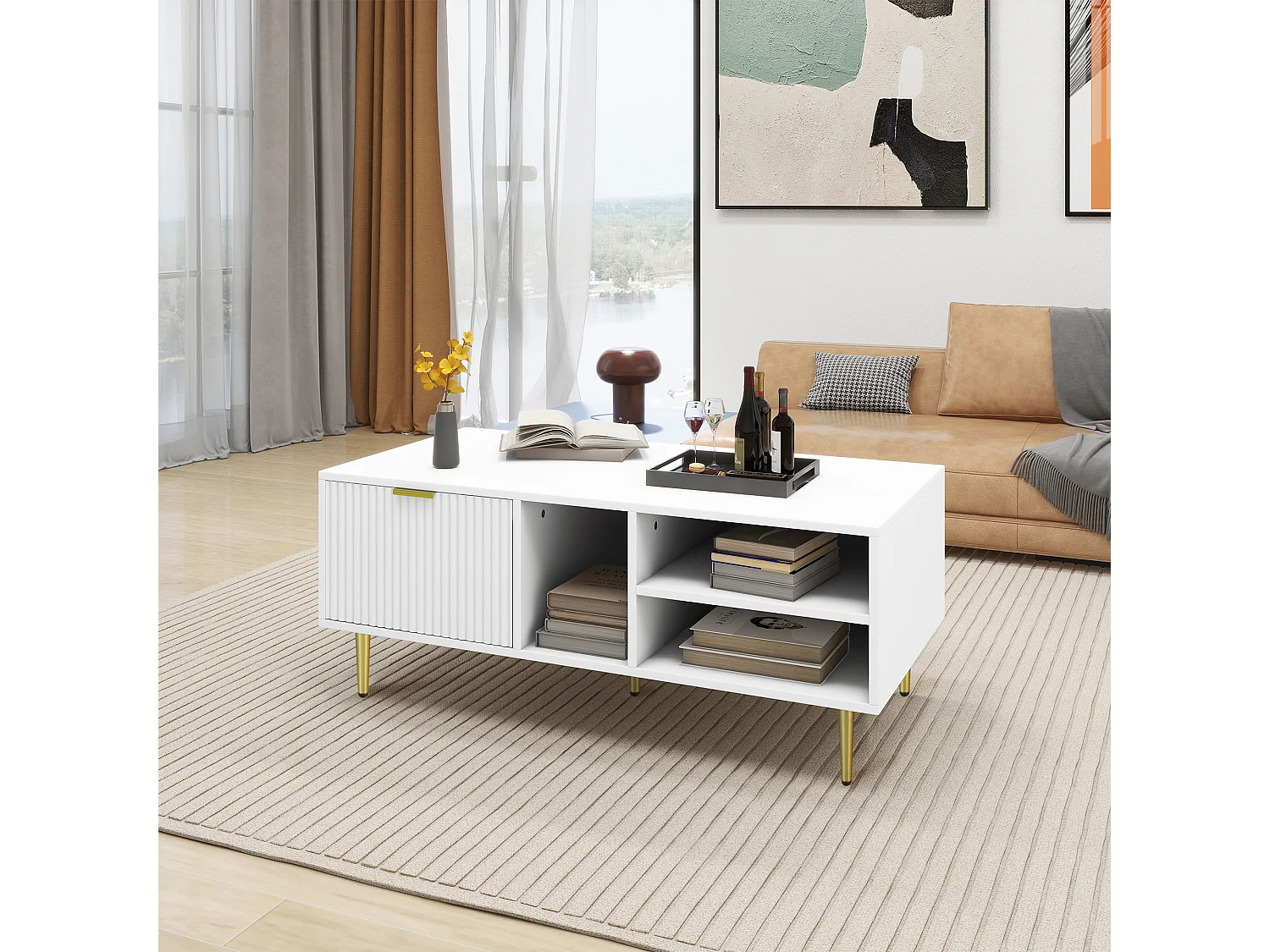 Elegante tavolino da caffè bianco con finiture dorate, un cassetto, 3 scomparti aperti, stile elegante, bianco