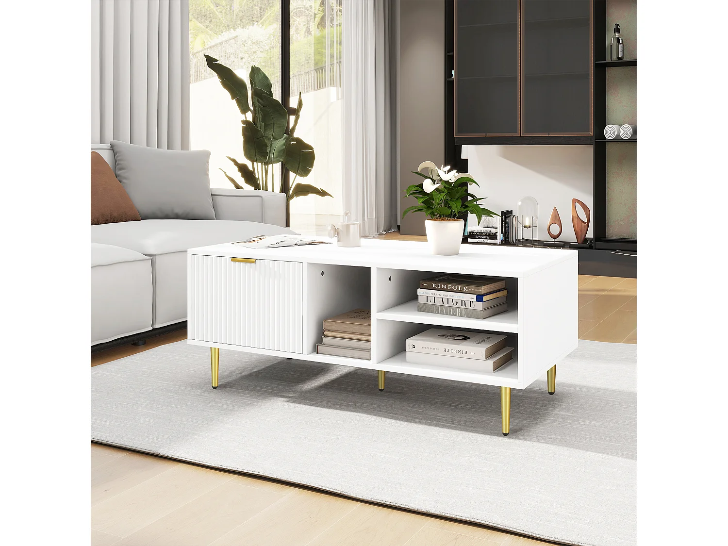 Elegante tavolino da caffè bianco con finiture dorate, un cassetto, 3 scomparti aperti, stile elegante, bianco