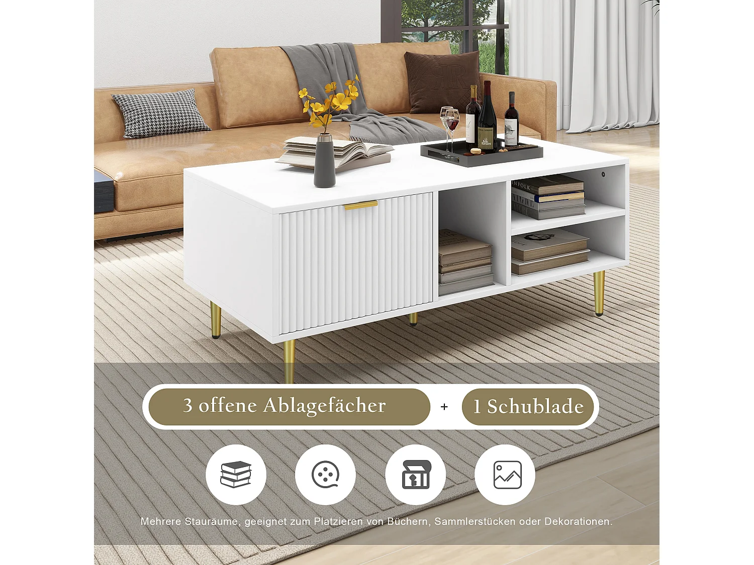 Elegante tavolino da caffè bianco con finiture dorate, un cassetto, 3 scomparti aperti, stile elegante, bianco