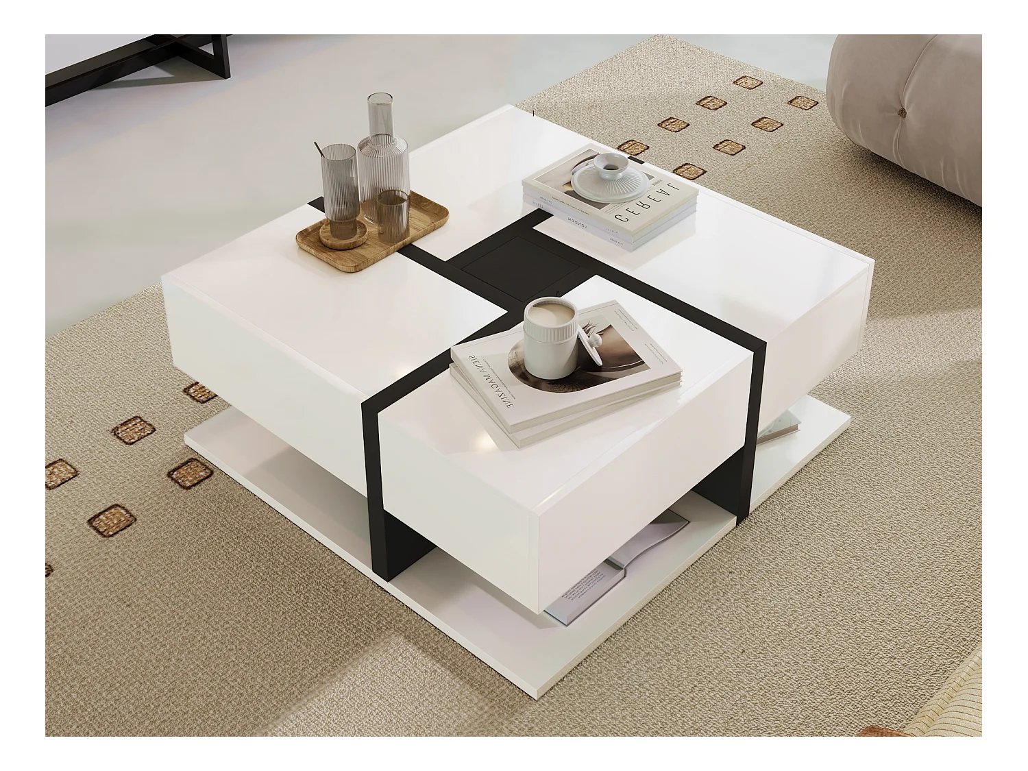 Table basse carrée en haute brillance avec 4 tiroirs,  Panneaux de particules, Blanc, 78 x 78 x 36 cm